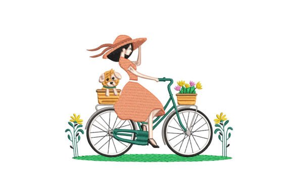 Woman Riding Bike: A Fresh Embroidery Design for Trendy Handmade Goods